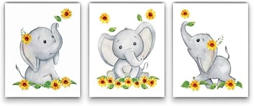 Decor de creșă de elefant și floarea-soarelui- set de artă de perete de 3 8x10 imprimeuri de creșă de acuarelă neframed se